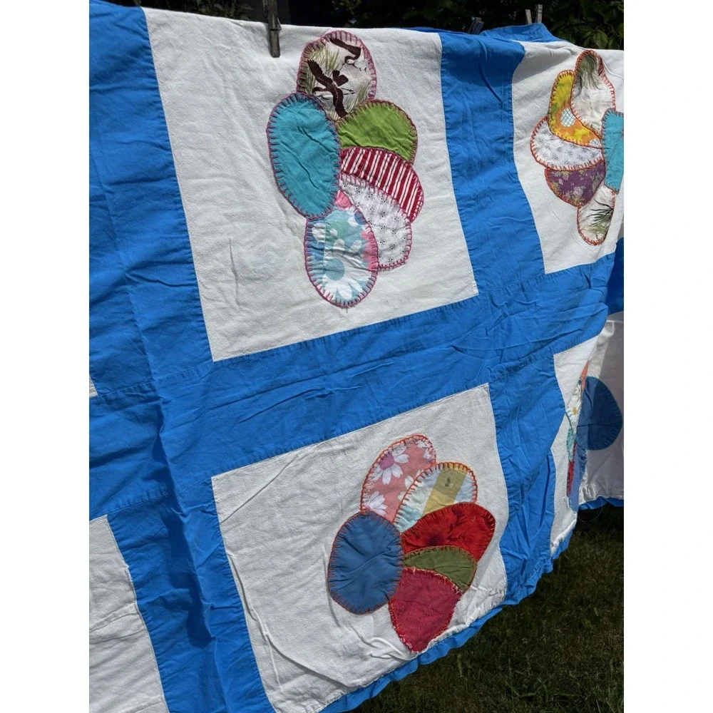 Vintage Dresden Plate Cutter Lap Quilt Floral Patchwork Blue Projects 34